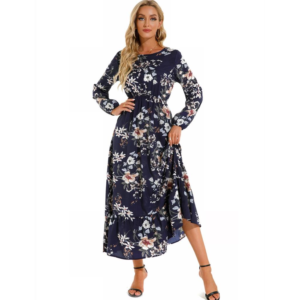 Women's Fashion Summer Spring Floral Print Long Sleeve O-Neck High Waist Casual Dresses