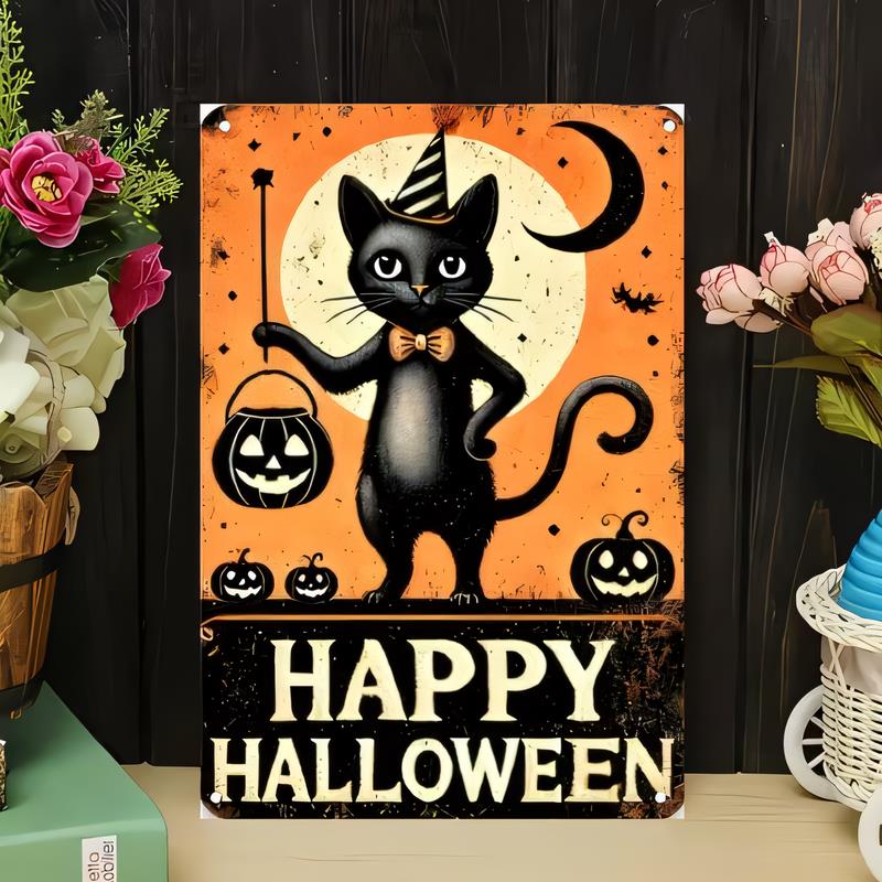Tin Sign Happy Halloween Cat Witch Moon Pumpkin Vintage Metal Poster Wall Decor for Home Bar Pub Garage Halloween Party Gift   R