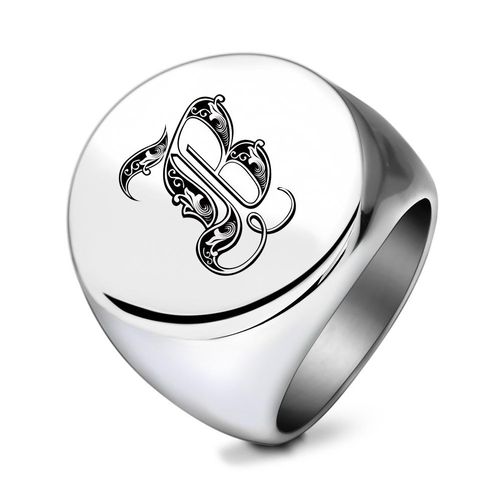 Vintage 22MM Round Stainless Steel Ring 26 Initial Letter Minimalist Unisex Finger Ring