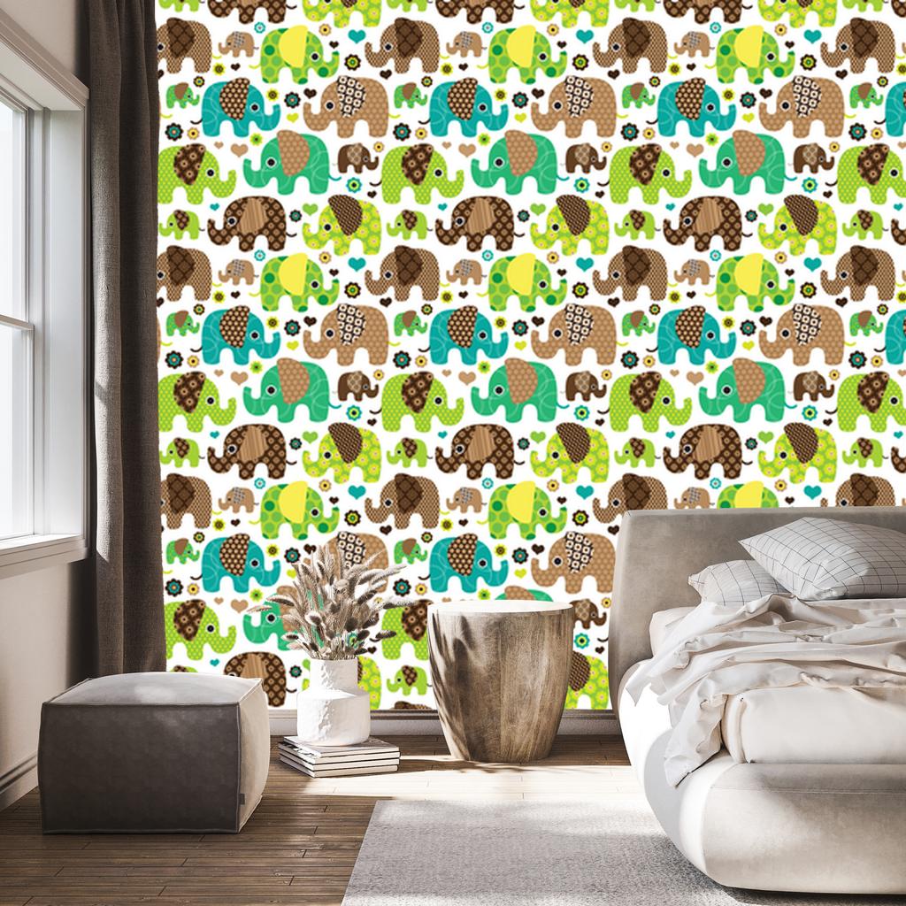 Wallpaper Elephants Animals Flowers Hearts for Living Room and Bedroom 50x1000