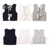 Women Knitted Vest Round Neck Sleeveless Crop Tank Bow Tie Decor Hollow Back Solid Color Short Sweater Vest
