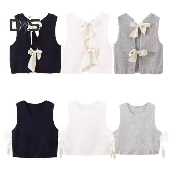Women Knitted Vest Round Neck Sleeveless Crop Tank Bow Tie Decor Hollow Back Solid Color Short Sweater Vest