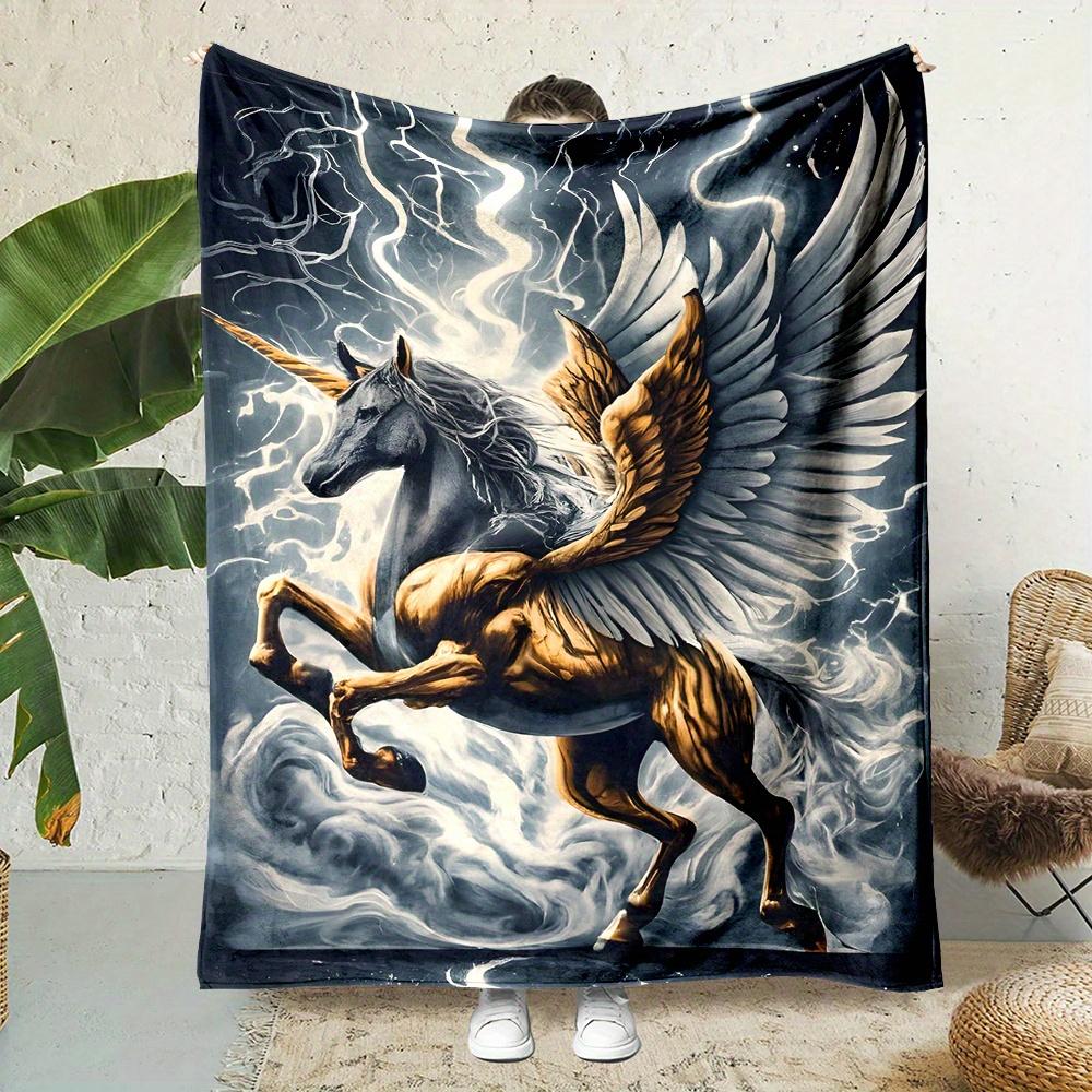 Pegasus Unicorn With Thunderstorm Print, All-Season Soft Fleece Throw Blanket, Polyester Flannel, Reversible, Cont