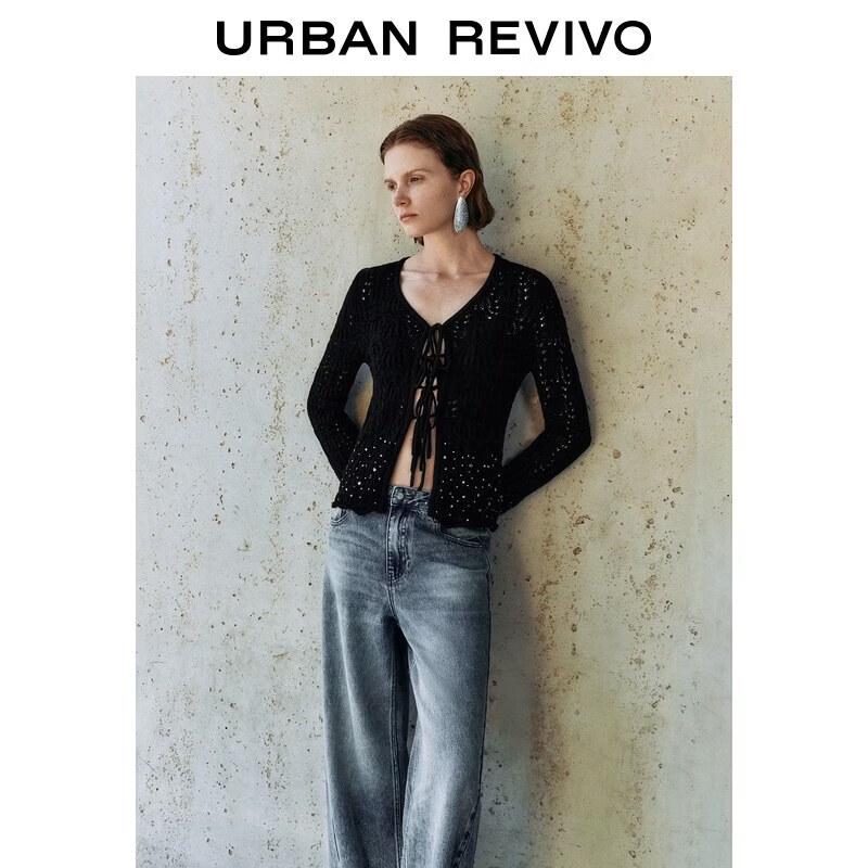 UR2026 Women s Rivet Lace-up Cotton Knit Cardigan M чёрный