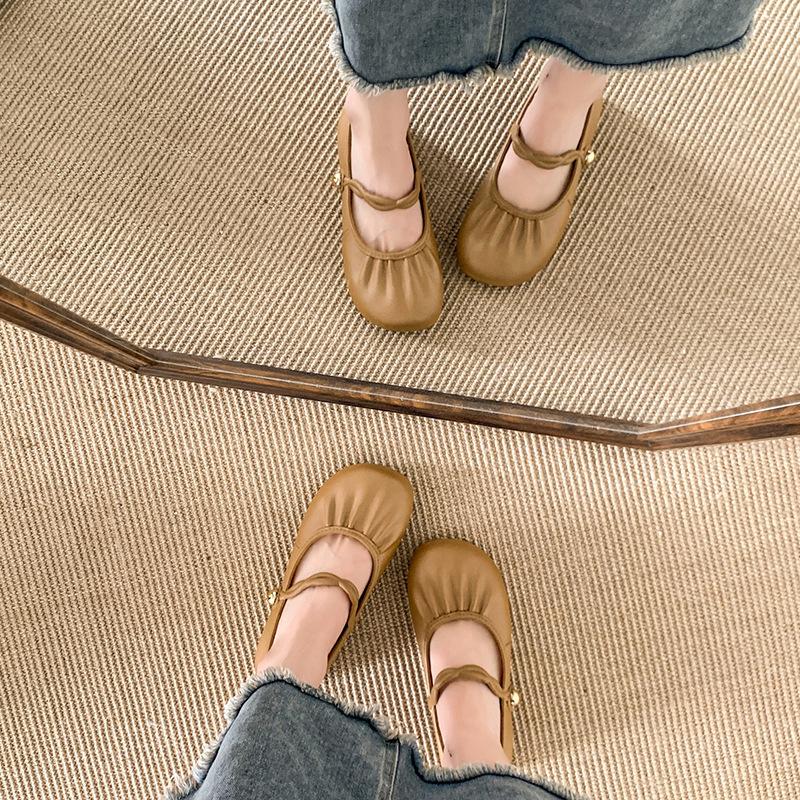 New French retro Mary Jane shoes flat bag heel single shoes with fairy light mouth beanie shoes