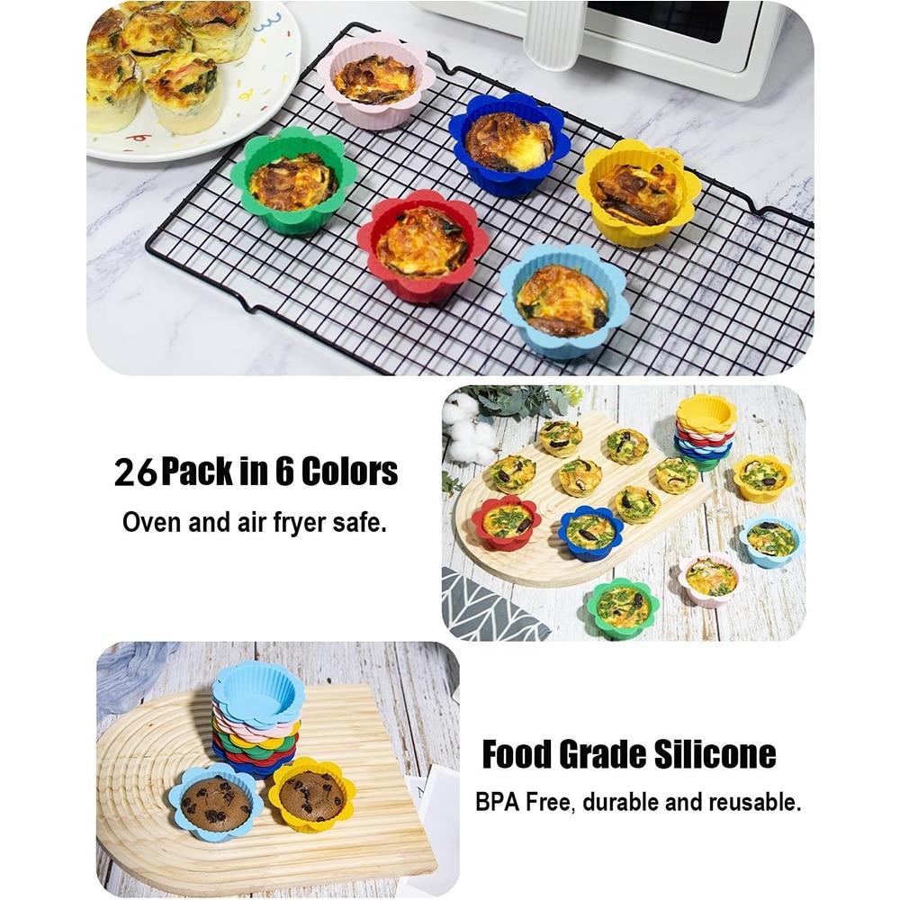 Caravaan® 26-Pack Silicone Cupcake Liners, Reusable Baking Cups for Muffins, Non-Stick, BPA-Free, Oven Safe to 200°C, 8.2x3cm, Multicolor