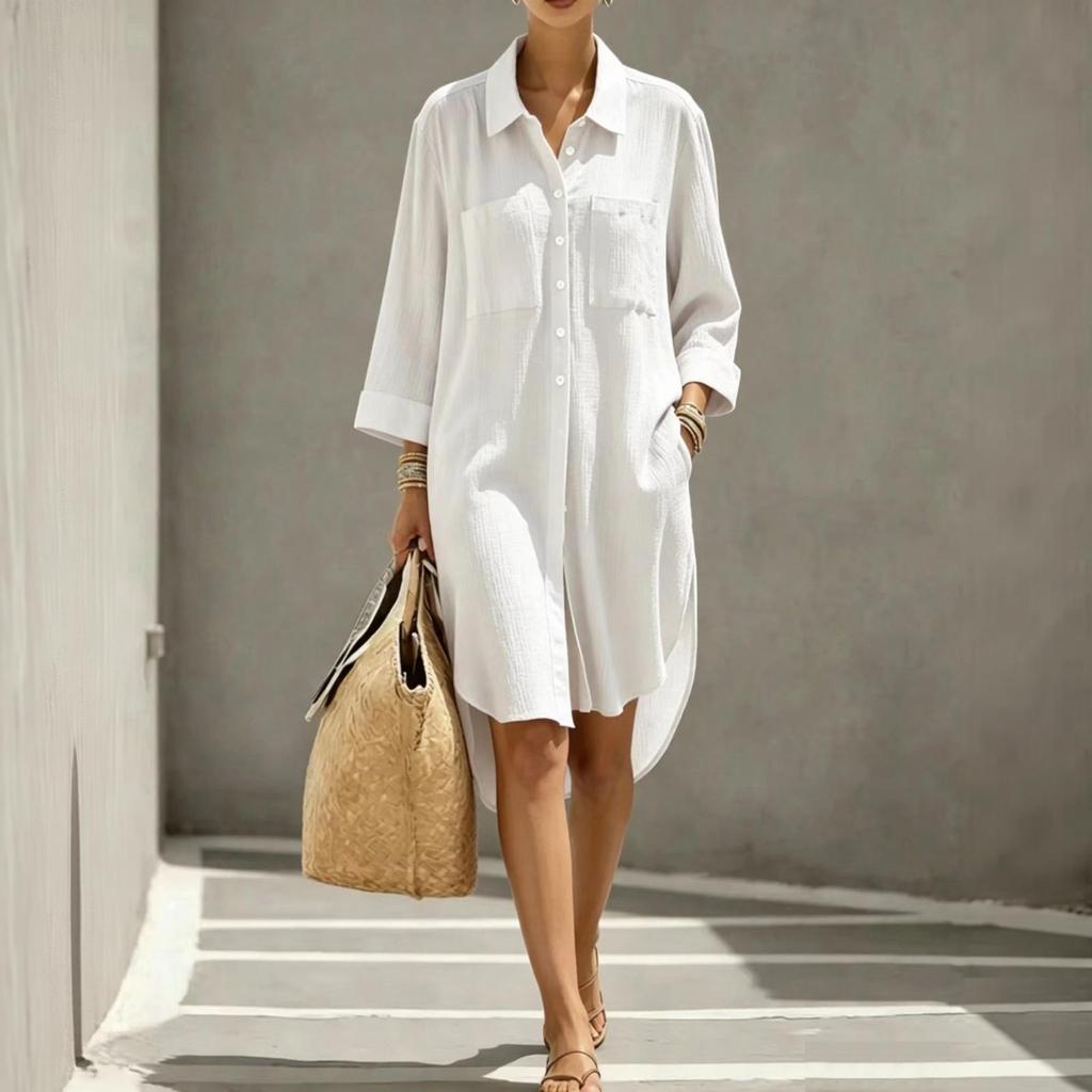 Stylish Women's Midi Shirt Dress with Collar, Loose Fit, Color, Double Layer Crepe, for Casual Daily Wear