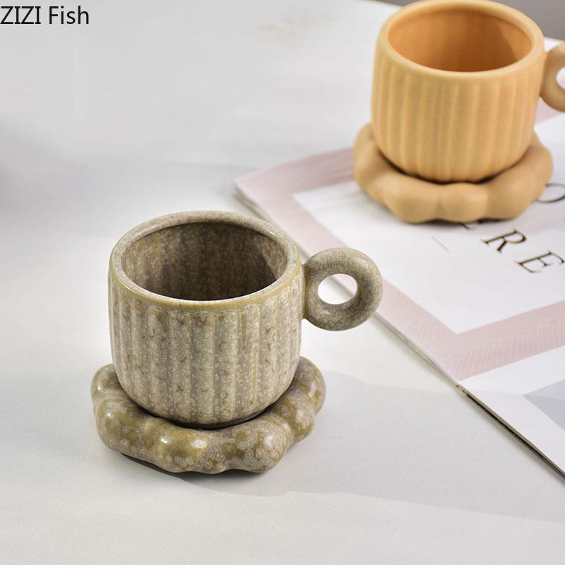 Vintage Kiln Glazed Porcelain Cup&saucer 250ml Coffee Mug Home Dining Table Milk Mugs Afternoon Tea Teacup Fruits Juice Cup