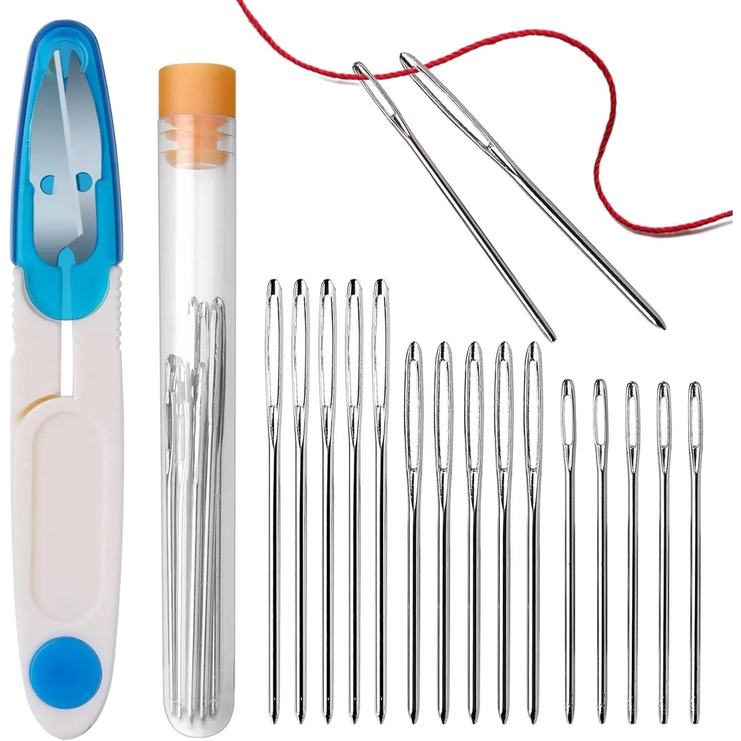 Large Embroidery Needles, 15Pcs Blunt Needles in 3 Sizes, Hand Sewing Needle with Scissors, Big Eye Needle Set for Hand Craft 15-Pack синий