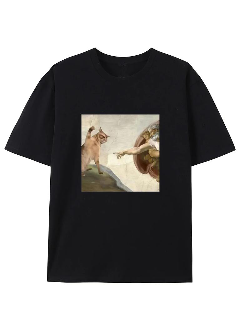 2025 Summer Humorous Cat and Adam Creation Parody Graphic T-Shirt Casual Crew Neck Tee Fit Short Sleeve for Adult Casual Men Top