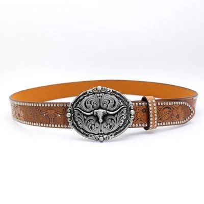 Western Denim Belt Bull Head Big Board Buckle Retro Edge Beads Men'S Punk Hip Hop Pu Leather Belt