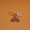 Vibrant Golden-Tone 1pc Rainbow Heart Pendant Keychain | Colorful Striped Rainbow & White Daisy Design for Phones, Cars, and Backpacks