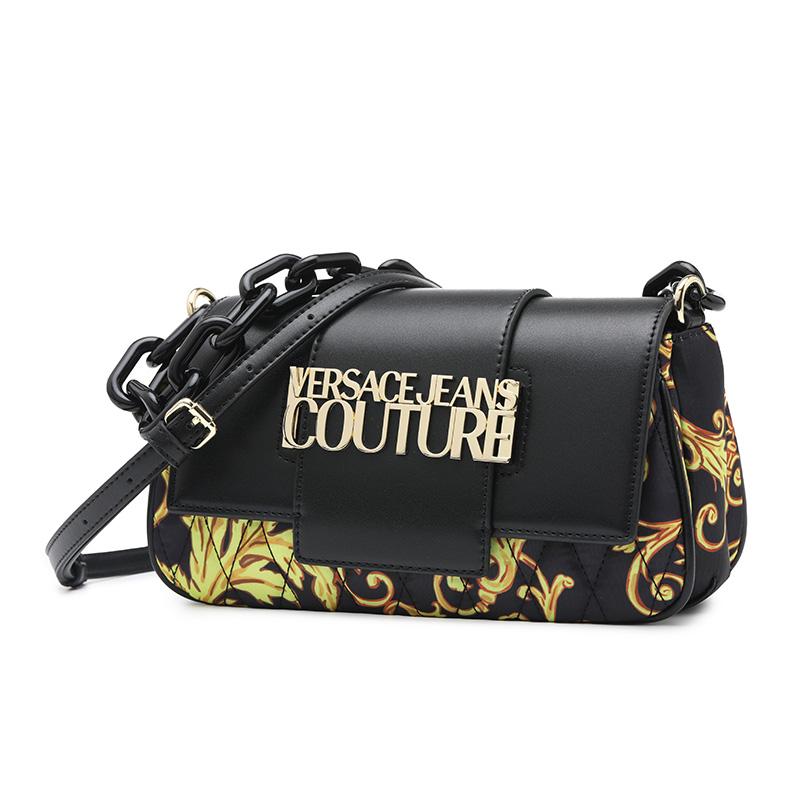 Versace Jeans Couture SS23 Barock-Print Schultergurt Umhängetasche Kette Unterarmtasche Damen Taschen Schwarz 74VA4BB1ZS587G89