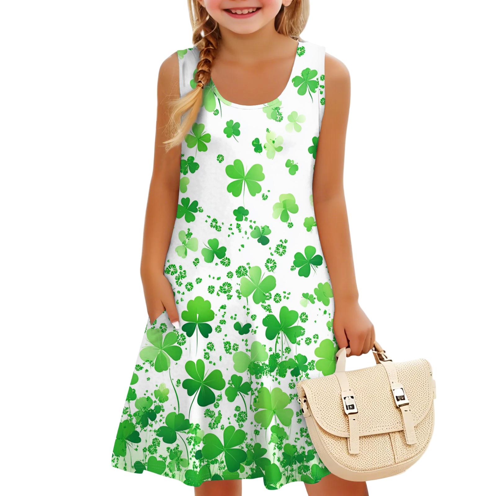 

Children s Sleeveless U-neck A-line St. Parmesan Print Casual Vacation Dress 160 ціан