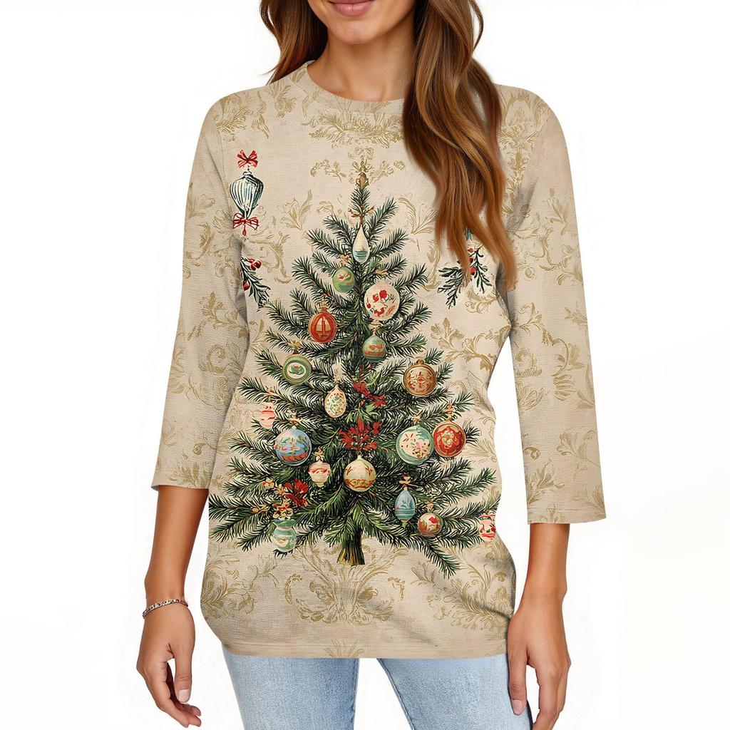 Damen T-Shirt mit Weihnachtsdruck, 3/4-Ärmel, für den Alltag, Wochenendmode, Basic, Rundhalsausschnitt, normales Oberteil