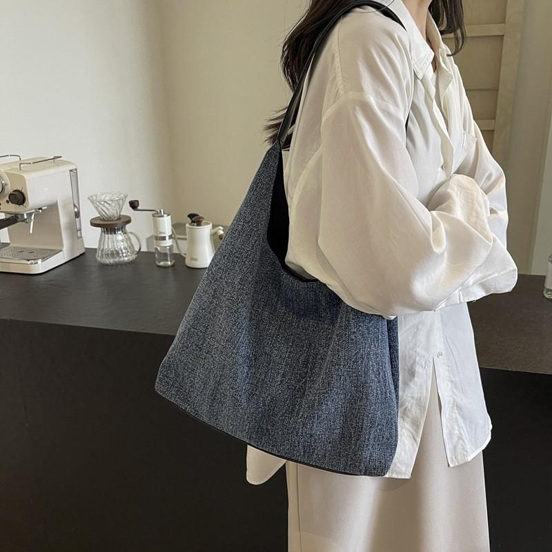 Ielgy Large-Capacity Bag Female 2024 New Style Commuter Canvas Denim Tote Bag College Student Class Bag Armpit Order S