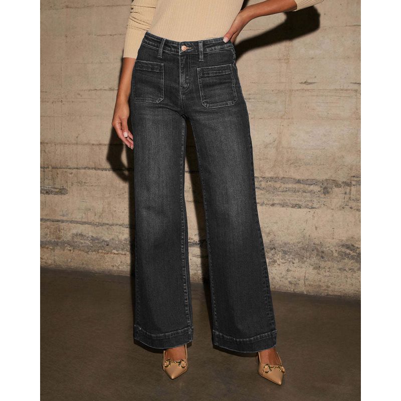 

High Waisted Buttoned Straight Leg Pants High Waist Button Straight-Leg Trousers Black XXL