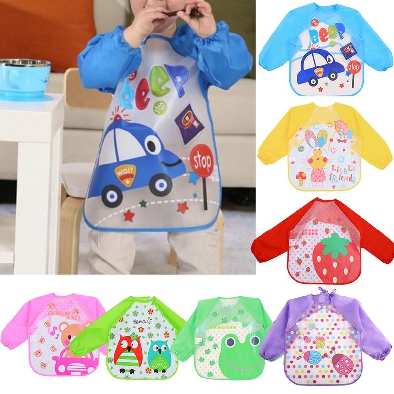 Cute Waterproof Cartoon Baby Feeding Apron With Long Sleeves For Toddler Weaning