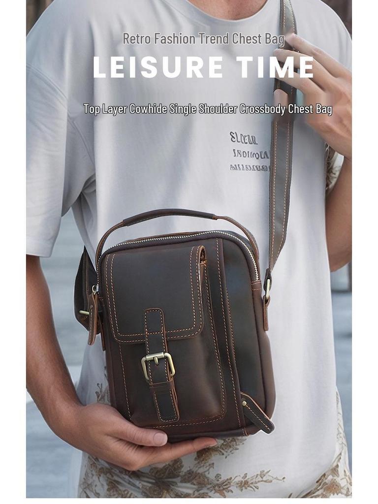 DUJIANG Herren Vintage Crazy Horse Leder Umhängetasche - Echtes Leder Freizeit Outdoor Tasche