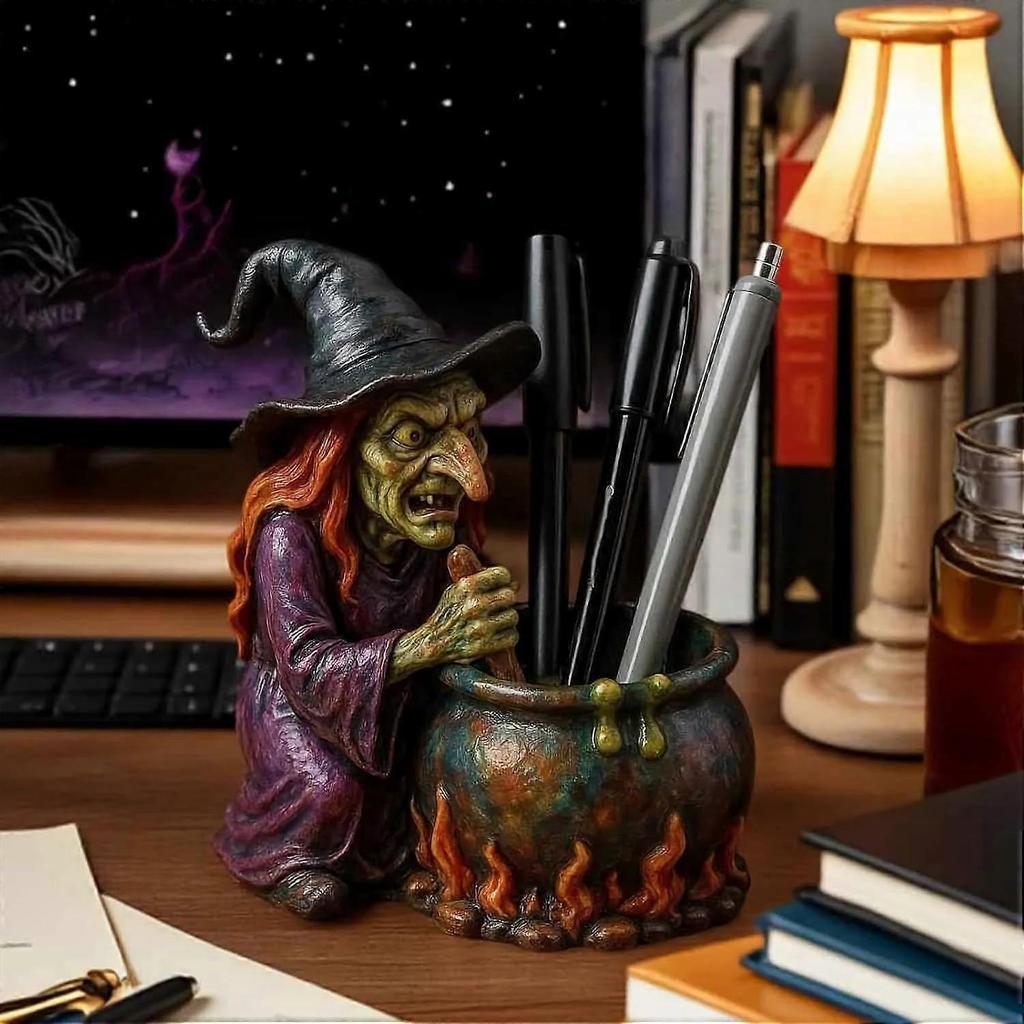 Magic Witch Pen Holder, Witch Cauldron Pen Holder for Horror Fans & Fantasy Lovers, Resin Cauldron Pen Organizer with Spooky Witch Design