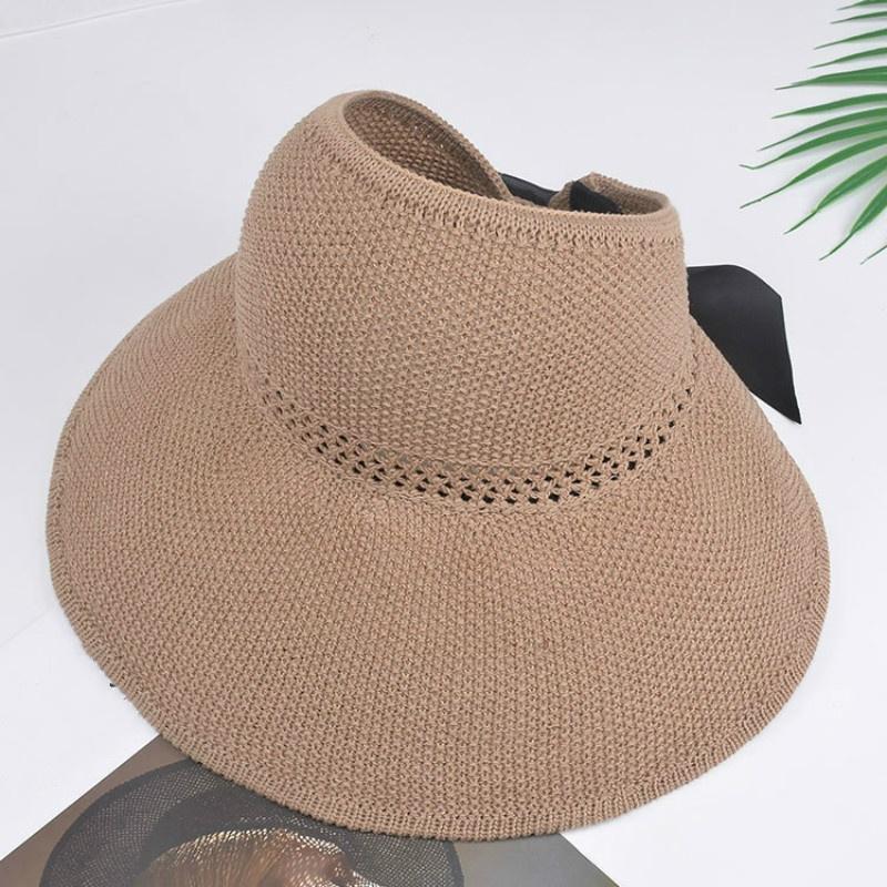 New Knitted Empty Top Hat Female Summer Sunscreen Bow Big Hat Straw Hat Outdoor Sun Hat