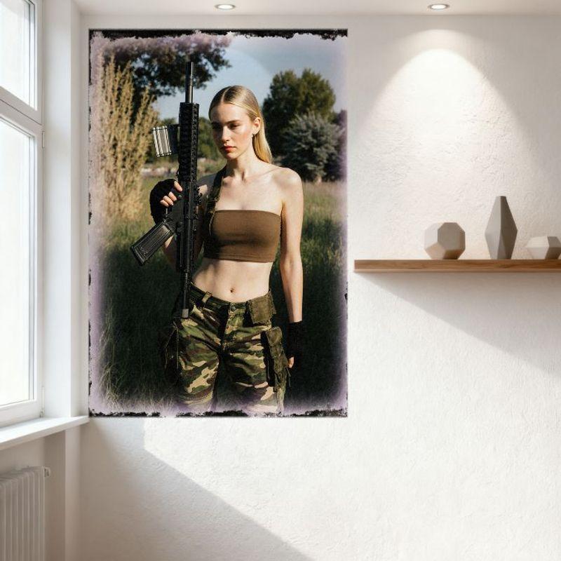 Sexy Blonde Woman with Black Rifle Vintage Metal Tin Sign, Camouflage Pants & Brown Top Outdoor Grassland Decor for Bar Home Caf