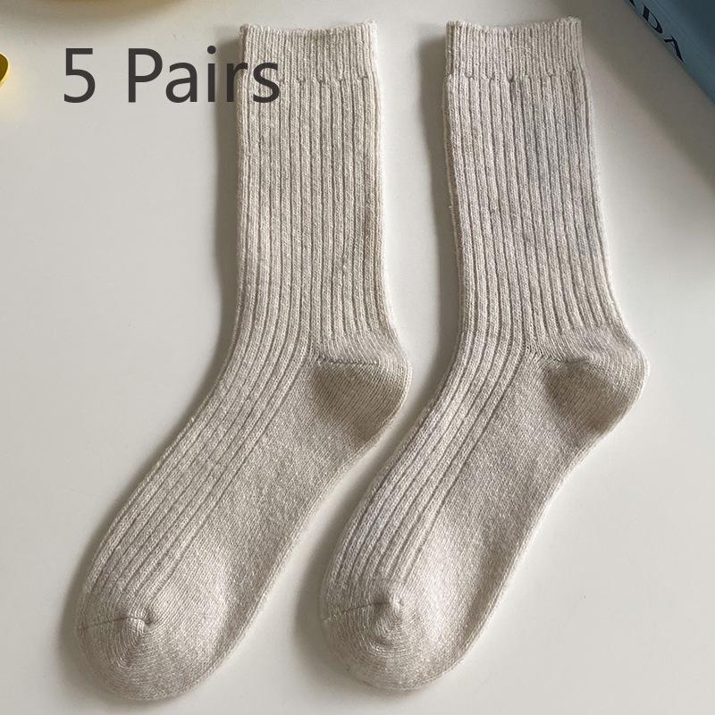5 Pairs of Women Autumn and Winter New Solid Color Wool Retro Warm Tube Stack Socks