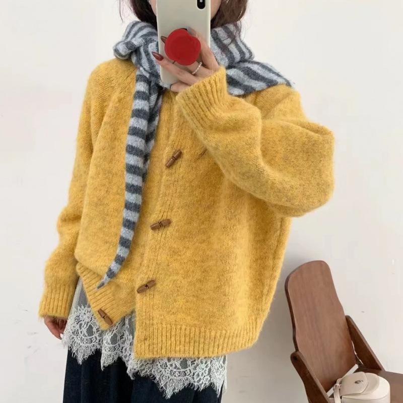 Soft Style Round Neck Horn Button Knit Cardigan Women Autumn Winter Loose Versatile Sweater Coat