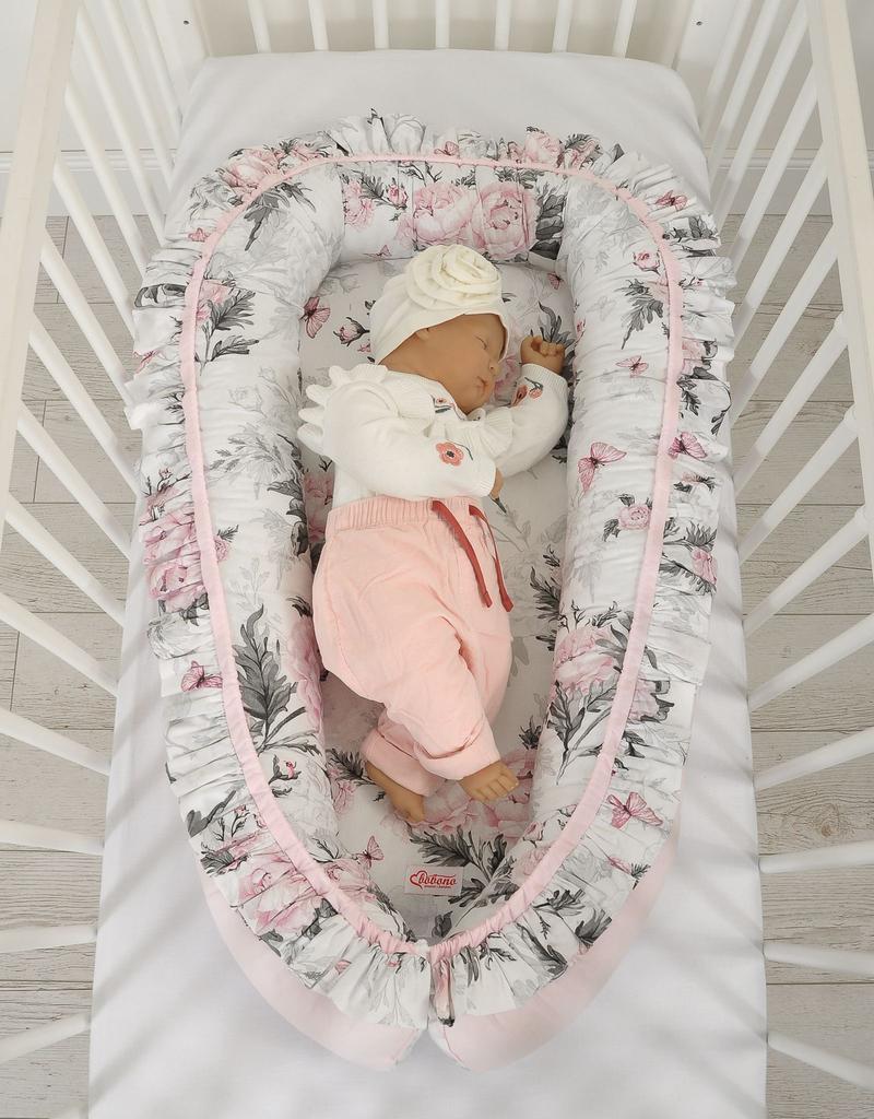 Premium baby cocoon playpen swaddle with ruffles - Romantic peonies