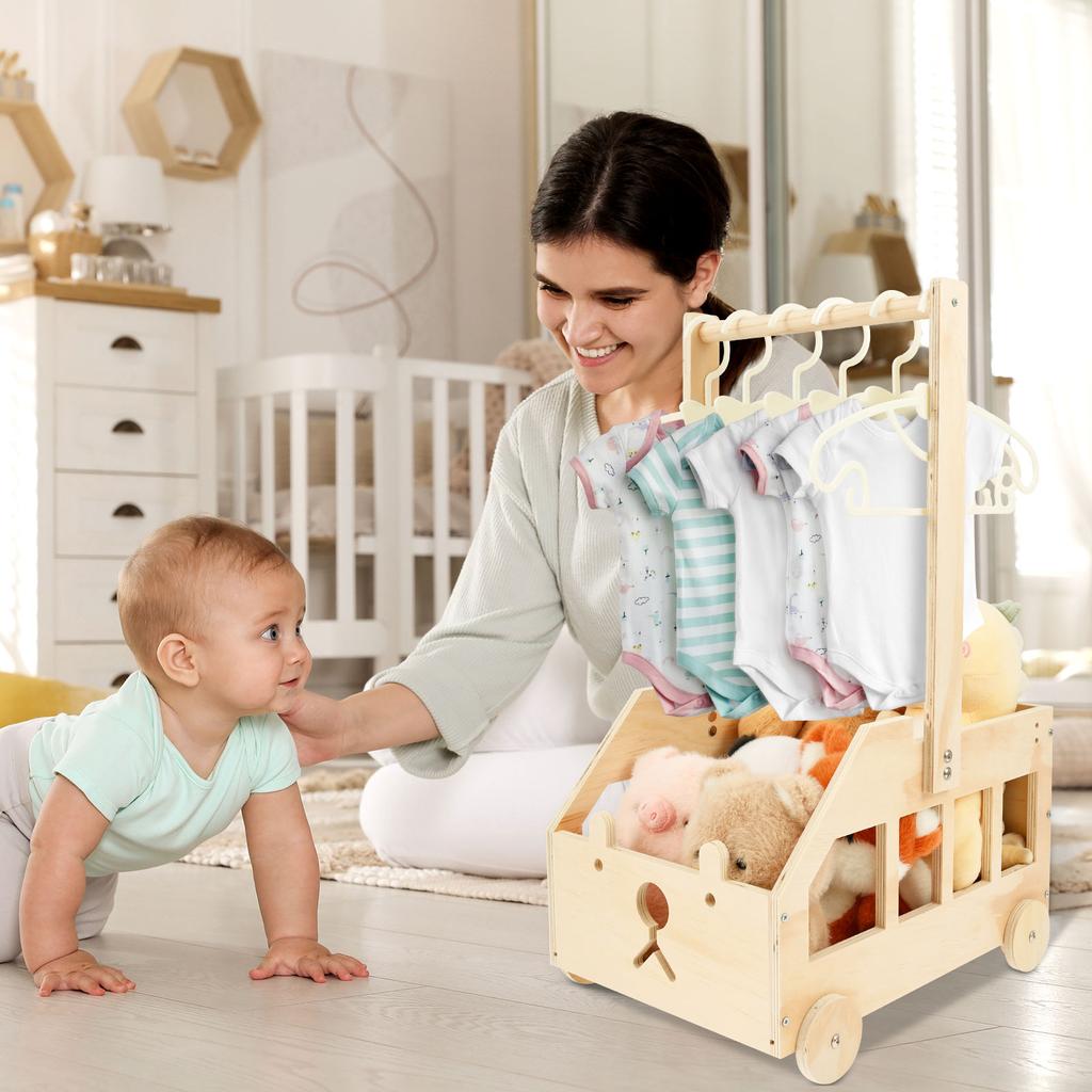 Wood Storage Crate with Wheels Baby Shower Clothing Basket Toys Organizer Box Children Long Handle Boys Girls Gift Basket