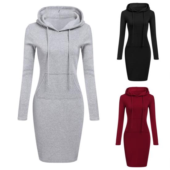 Einfarbiges Damen-Kleid mit langen Ärmeln, figurbetontem Kapuzenpullover und Kapuzenpullover