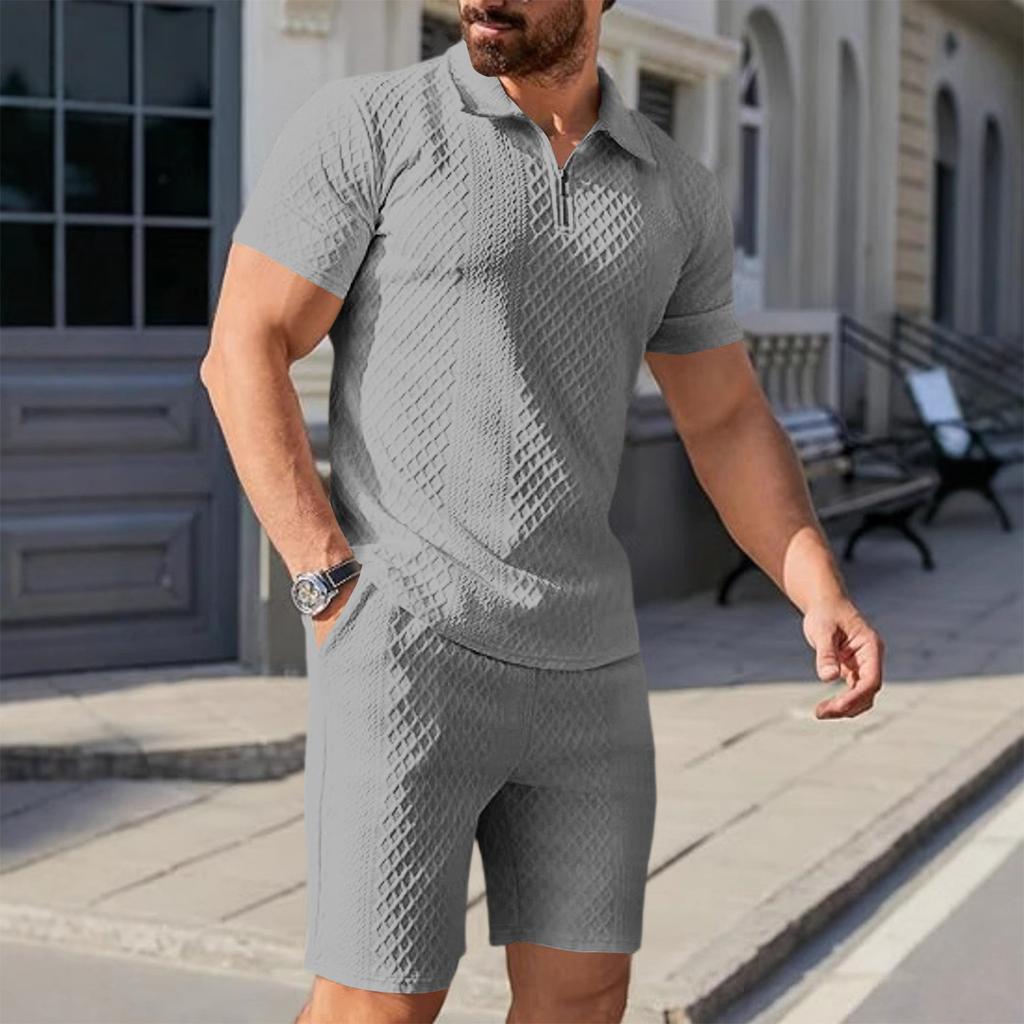 Men's Sports Casual Suit Summer Knitted Short Sleeved Shorts Two Piece Suit Men's T-shirt Lapel Suit