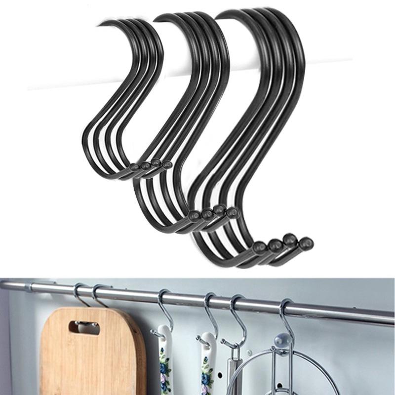 5Pcs Black S Shaped Hooks Kitchen Bathroom Hanging Kitchenware Bag Towels Holder