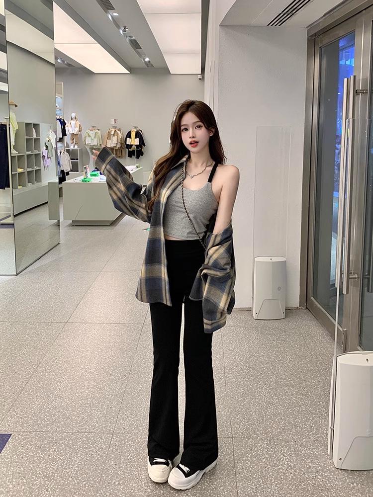 American Retro Plaid Long Sleeve Shirt Jacket for Women - Small Size, Spring/Autumn 2024