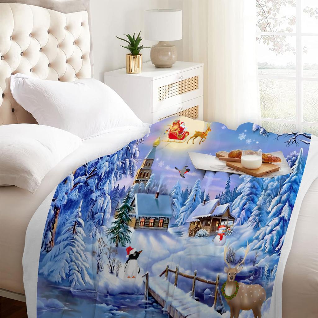 1 stuks Blauwe Kerstdeken Sneeuwhert 3D Print Gladde Flaneldeken voor Thuis Woonkamer Slaapkamer Decor Nieuwjaar Kerstcadeau