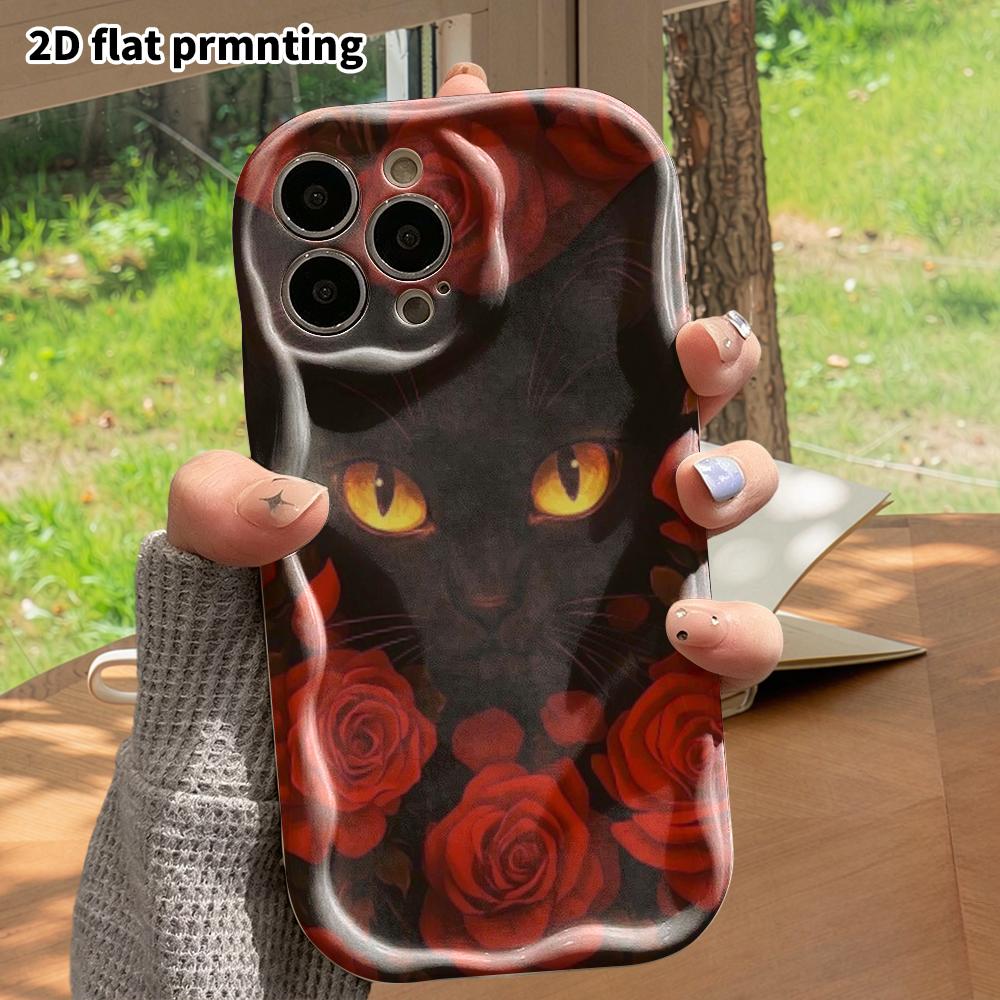 Phone case: 2D flat design, suitable for iPhone 18 17 16 15 14 13 12 Pro protective cases, phone decoration, red roses and black cats, Halloween and C