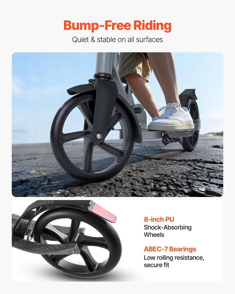 Kick Scooter for Kids Ages 8+, Teens & Adults, 2-Wheel Toddler Scooter with Adjustable Height Handlebar, Wide Anti-Slip Deck, Foldable Lightweight
