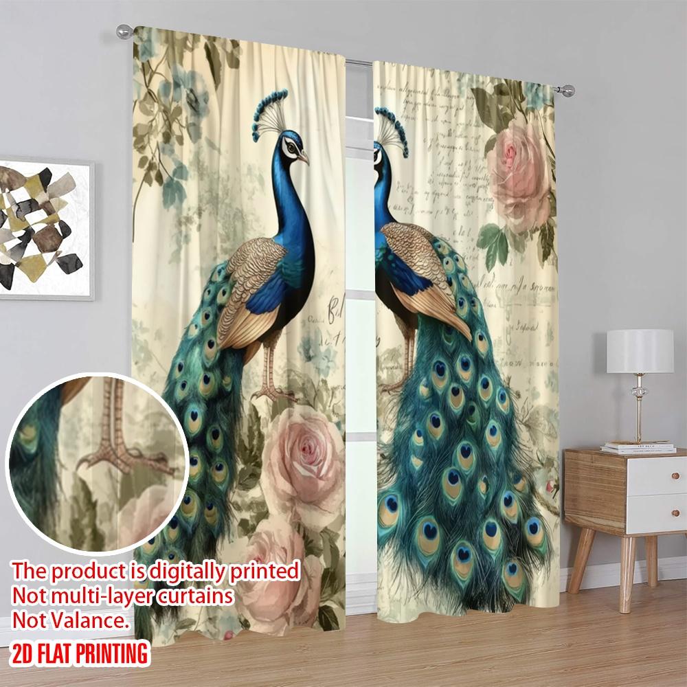 2Pcs,2D Plane Printing Light Filtering Curtains Peacock Elegance(3) Versatile Durable Polyester (Without Rod) Room Decor Ldeal