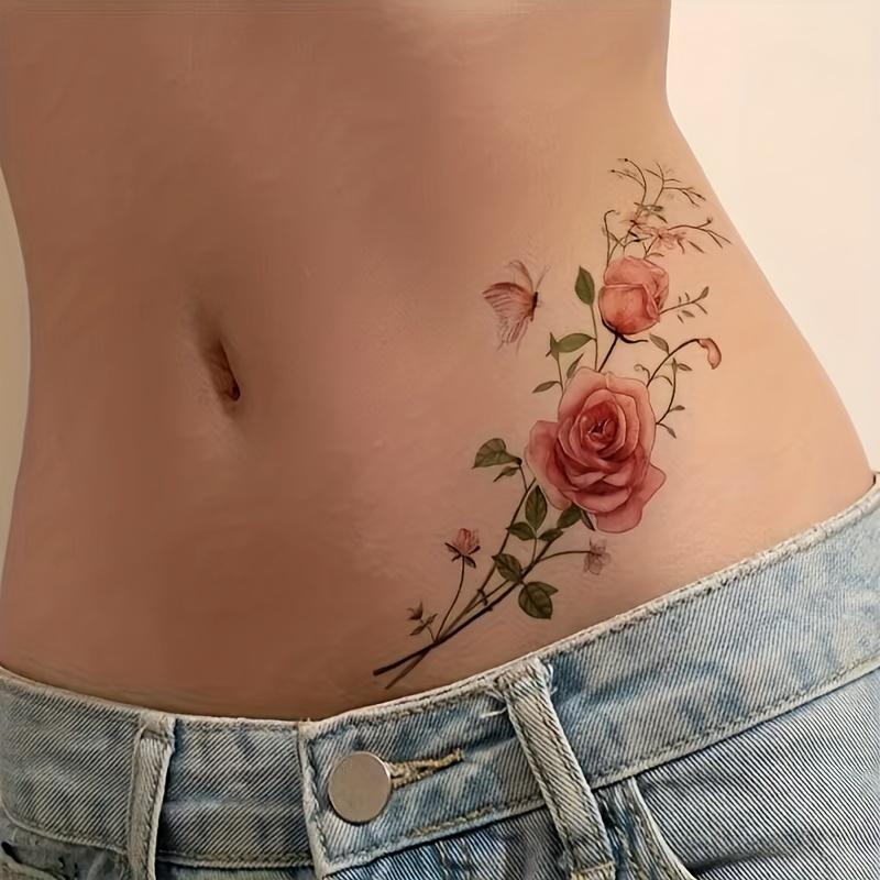 Tatuaj de flori de trandafir mare, tatuaj temporar de trandafir femeie, design de tatuaj de flori temporare de trandafir