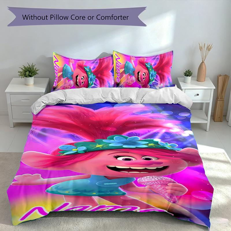 3pcs Custom Name Trolls Bedding Set,Includes 1 Duvet Cover and 2 Pillowcases,All-season Bedroom Decor