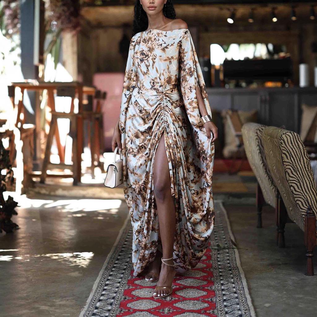  American Women's Fashion 2025 Summer New Off-Shoulder Floral Loose Long Pleated Slit Sleeve Dress