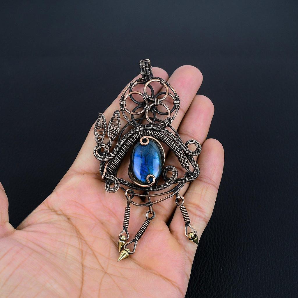 Labradorite Pendant, Handmade Gemstone 999 Copper Wire Wrapped Pendant Antique Jewelry, For Gift Silver Jewelry