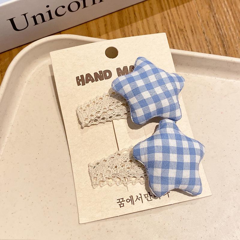 Korean Style Blue Lace Plaid Hair Clip: Fresh, Sweet, and Versatile BB Clip for Children's Bangs.