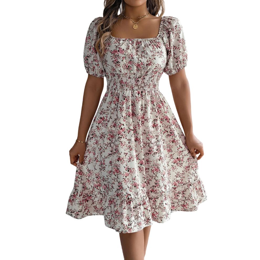 Women's Bohemian Square Neck Puff Sleeve Short Sleeve-White S