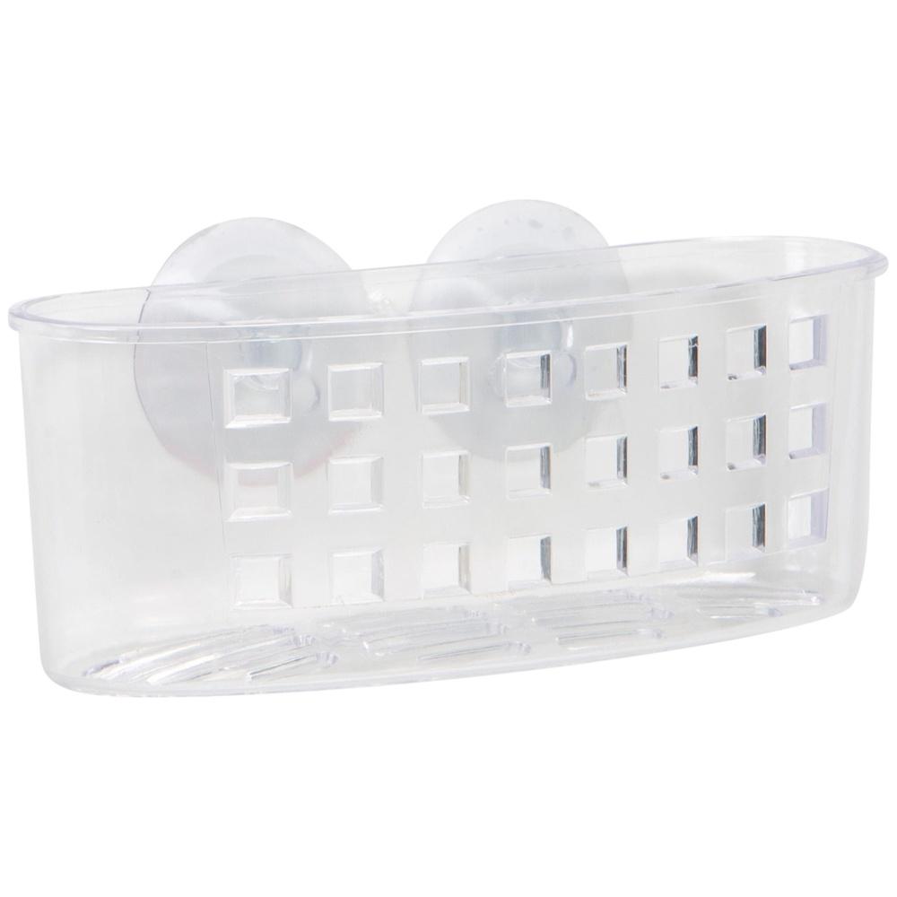 

Medium Suction Cup Shower Organizer Clear Plastic Bathroom Basket Self-Draining Holds Razor Soap Easy Install Rust Resistant United States