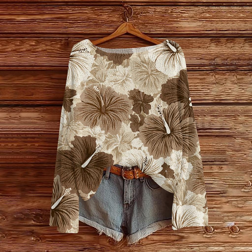 Women's Lightweight Sweater Casual Long Sleeve Knitted Vintage Floral Print Pullover