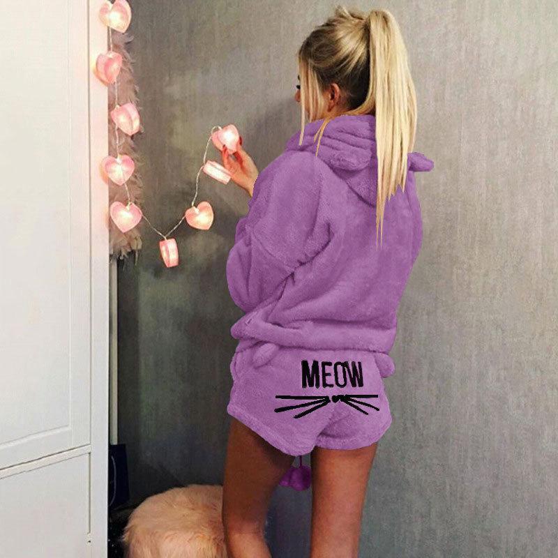 Dámská móda Jednobarevná teplá zimní pyžamová souprava Dvoudílné roztomilé kočičí pyžamo s kapucí Noční oblečení plus size S-5XL