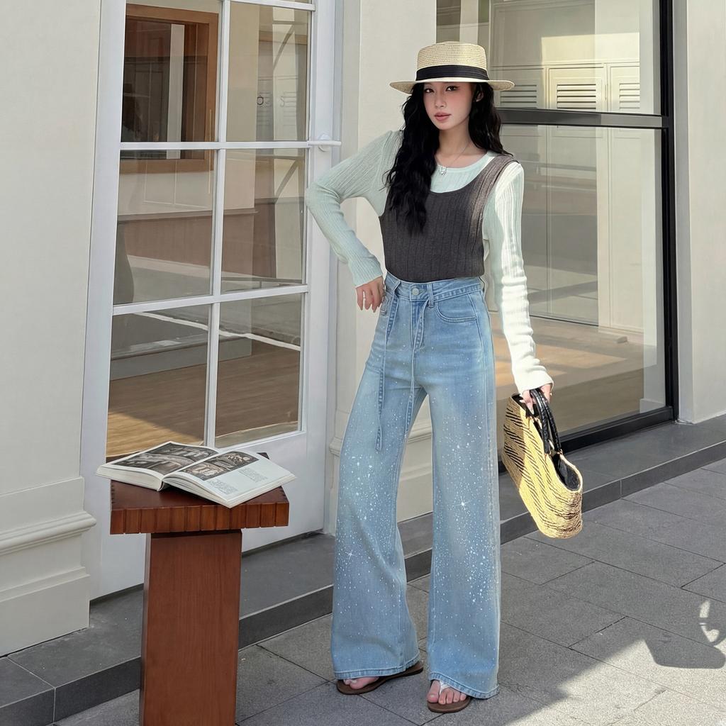 European hot diamonds shiny straight jeans women's fashion heavy industry high sense wide legs