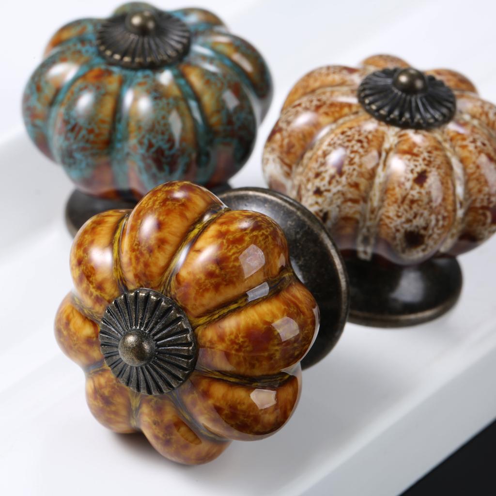 1pc Antique Pumpkin Ceramic Door Knob for Cabinets Cupboard Dresser Drawers Kitchen Furniture Handles Pulls with 2 Sizes Screws