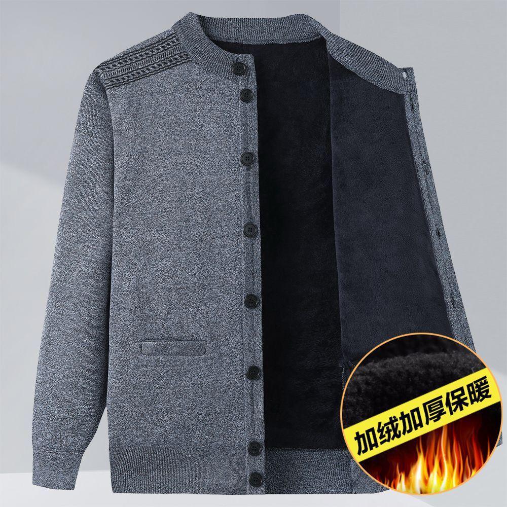 Men's V-Neck Thick Fleece Cardigan: Warm Knitwear for Dad and Grandpa